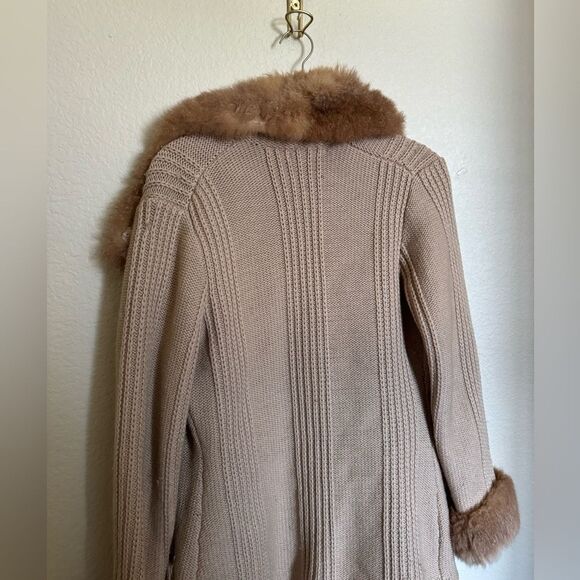 Vintage 70s Chunky Wool Knit Cardigan Sweater Fur Trimm Sz Medium Tan - Picture 5 of 7